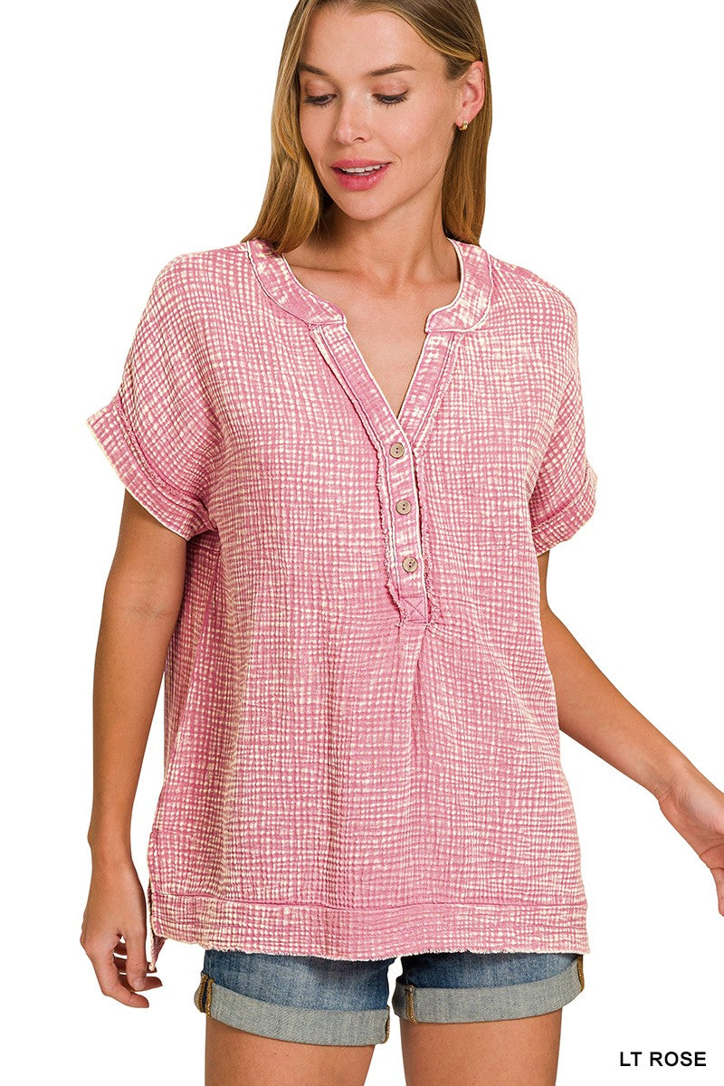 Light Rose Washed Double Gauze 3/4 Button Henley Neck Shirt