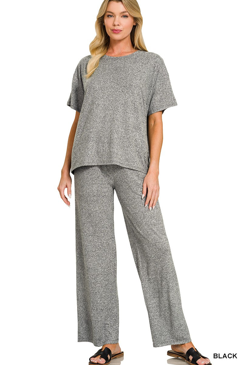 Black Soft Melange Short Sleeve Tee & Long Pants Set