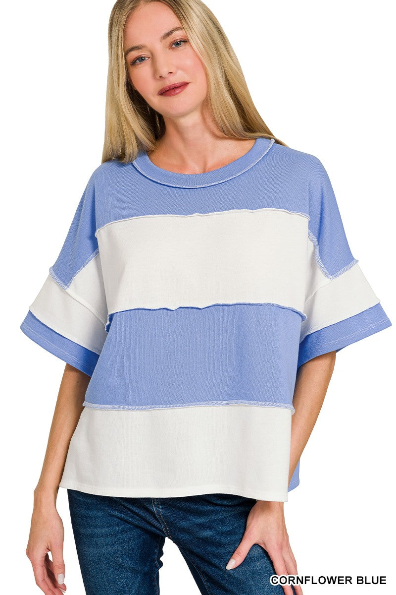 Cornflower Blue French Terry Color Block Exposed Seam Top