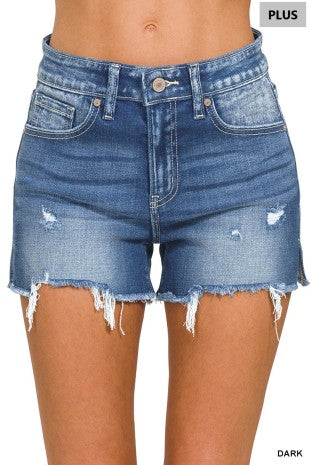 Plus Raw Frayed Hem Cutoff Side Slit Denim Shorts