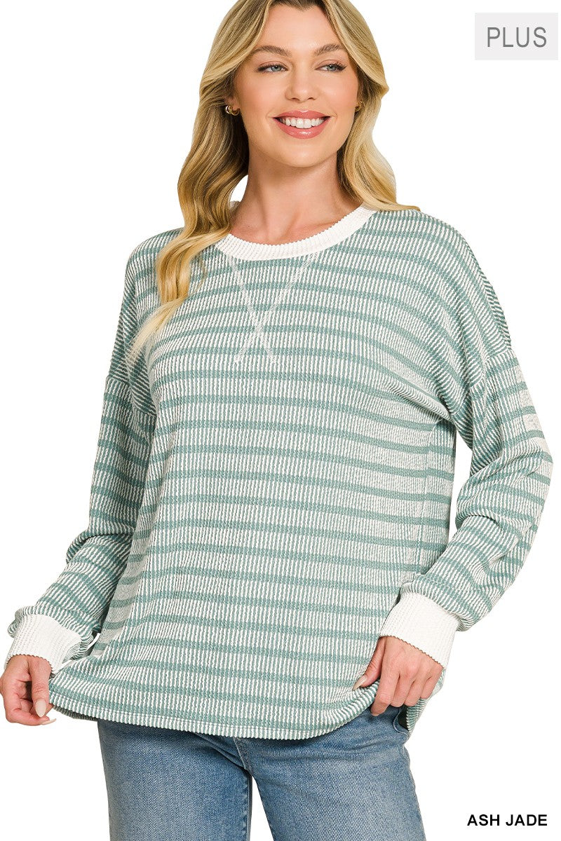 Ash Jade Raised Rib Striped Round Neck Pullover