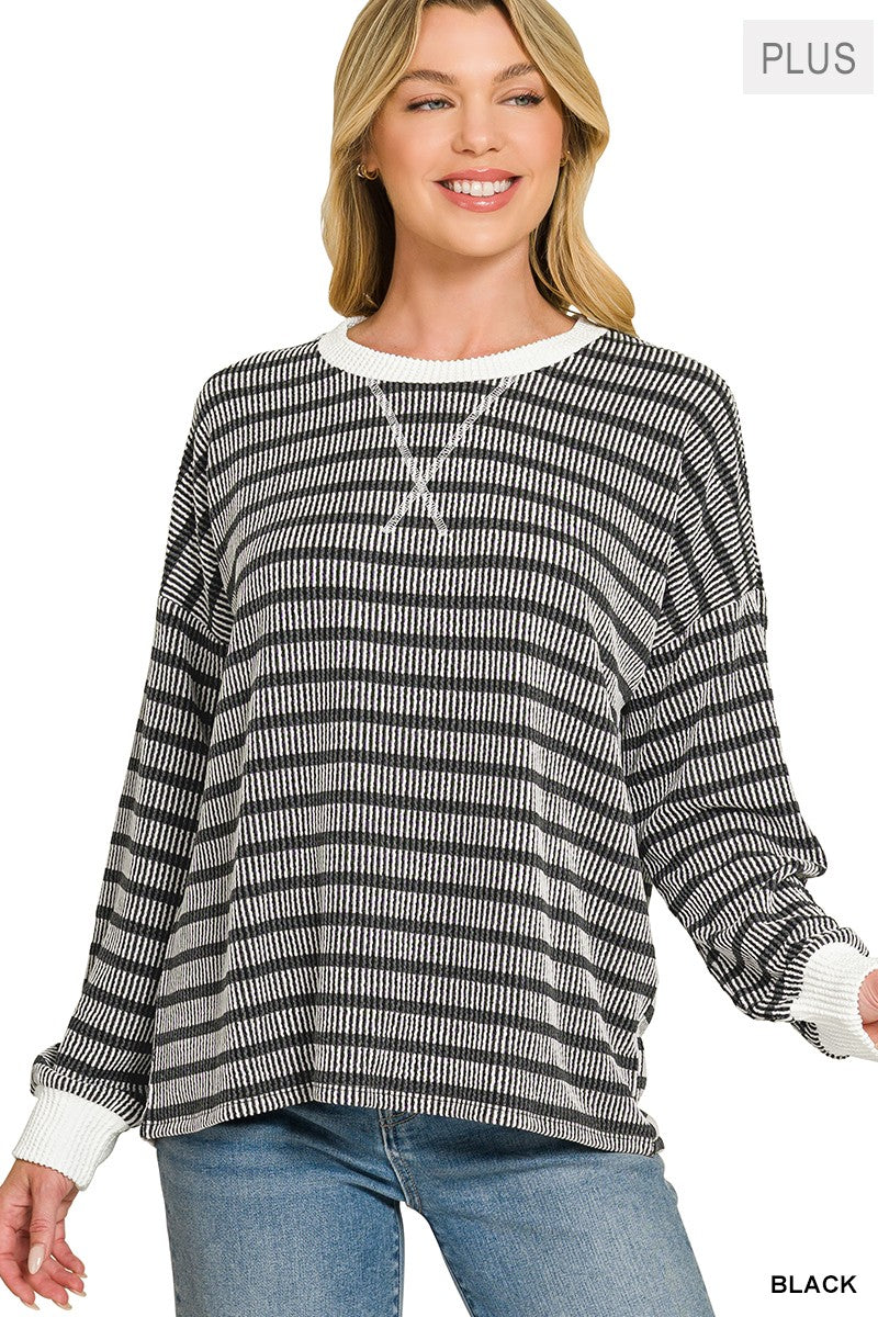 Black Raised Rib Striped Round Neck Pullover