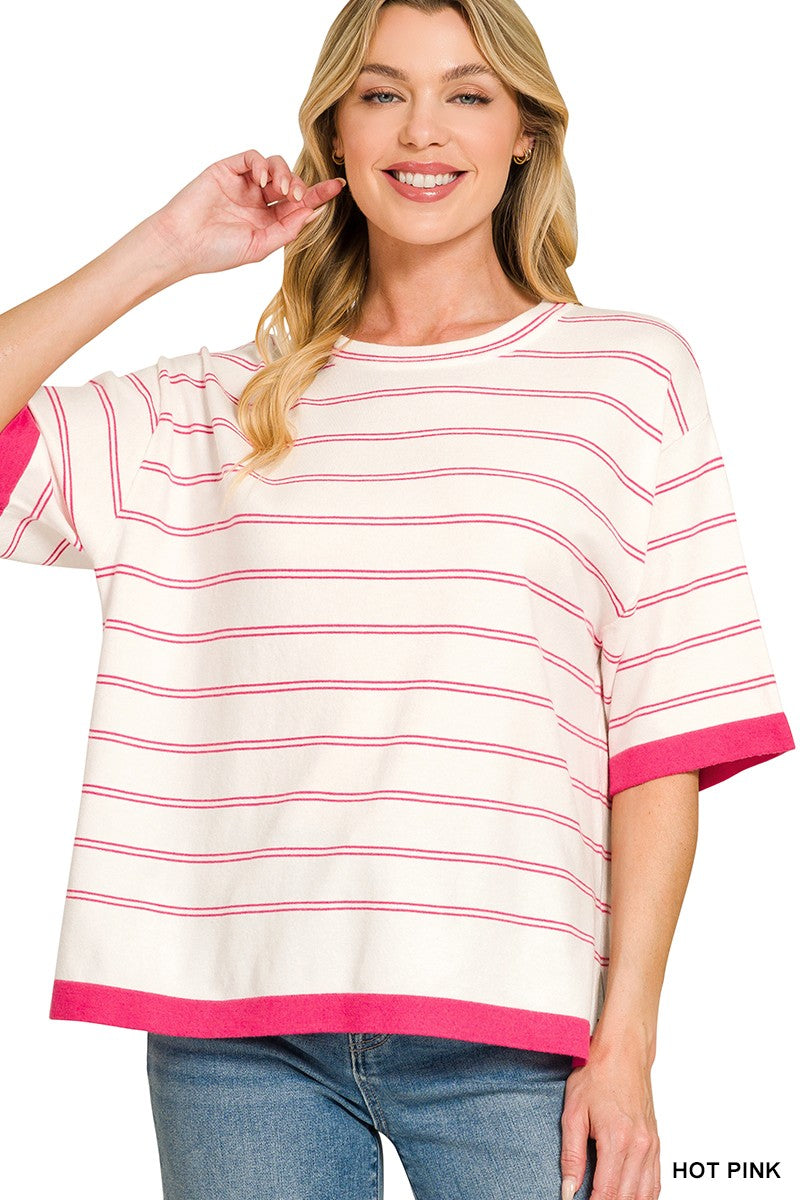 Hot Pink Viscose Stripe Short Sleeve Sweater
