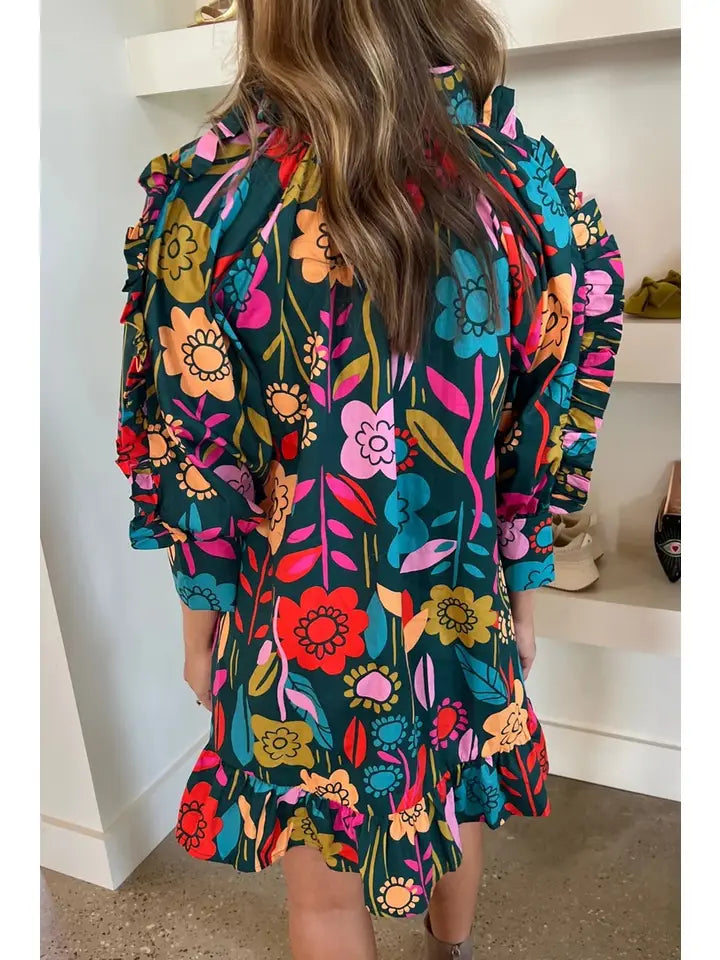 Floral Ruffle 3/4 Puff Sleeve Dress