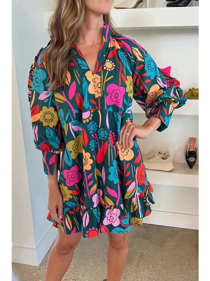 Floral Ruffle 3/4 Puff Sleeve Dress