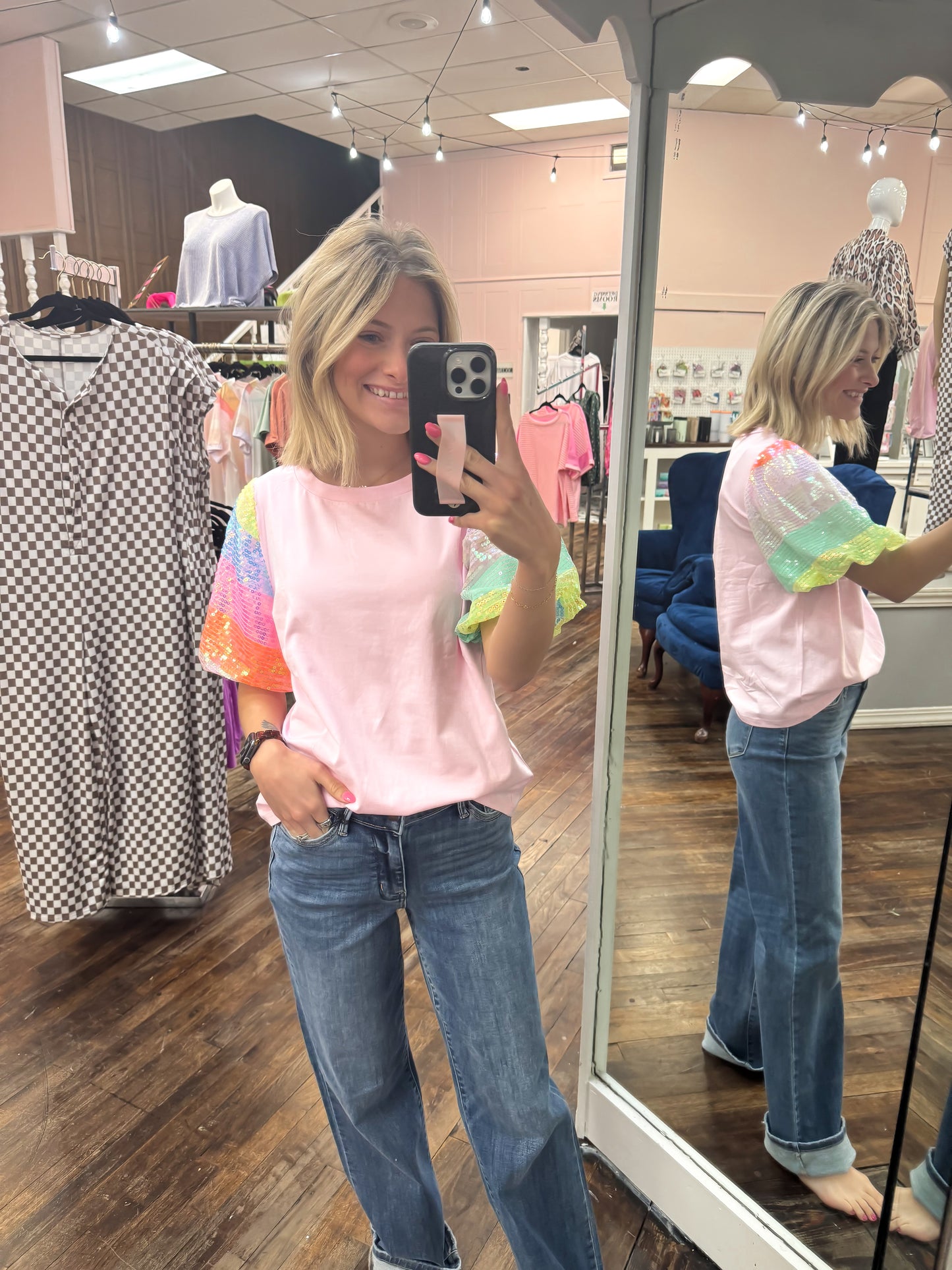Sequin Colorblock Puff Sleeve Top