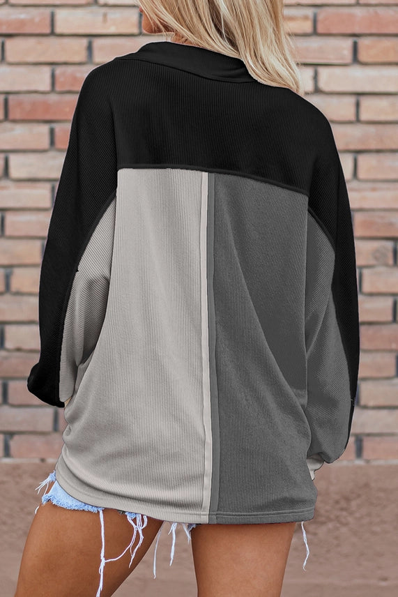 Black + Gray Colorblock Ribbed Oversize Collared Shirt
