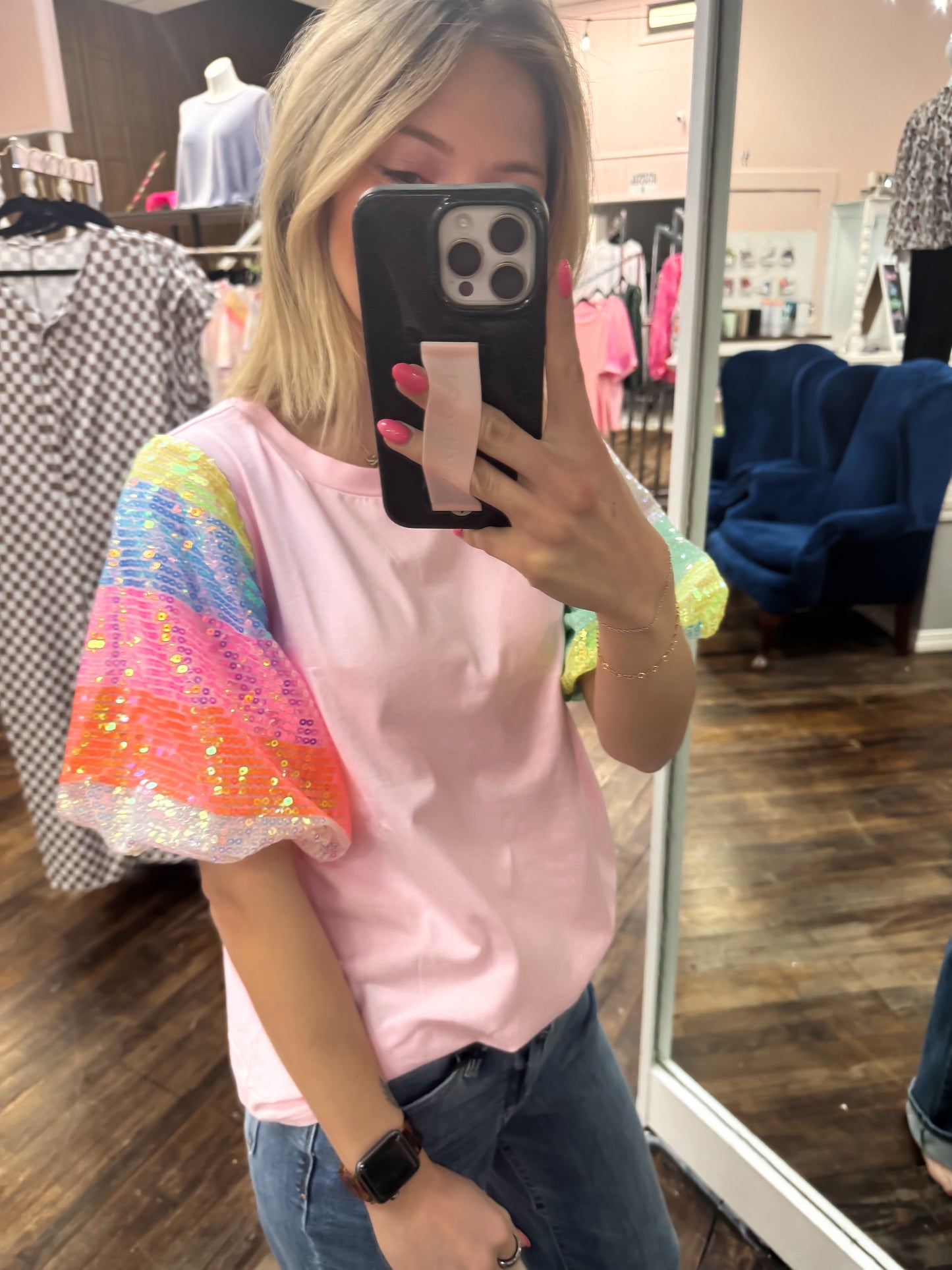 Sequin Colorblock Puff Sleeve Top