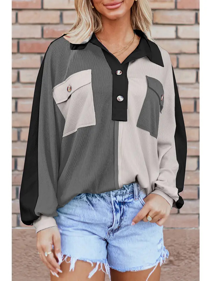 Black + Gray Colorblock Ribbed Oversize Collared Shirt