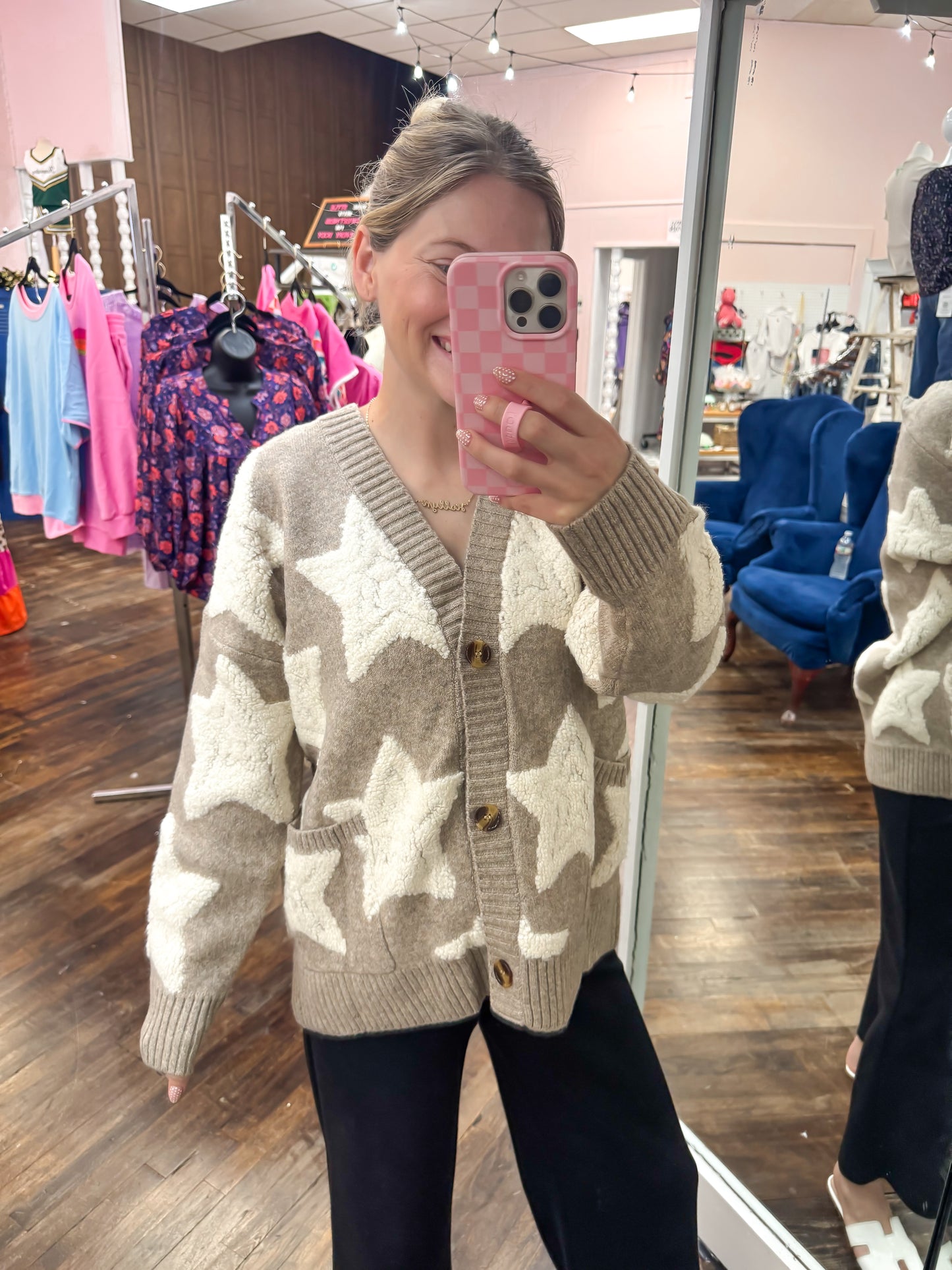 Khaki Star Sherpa Sweater Cardigan