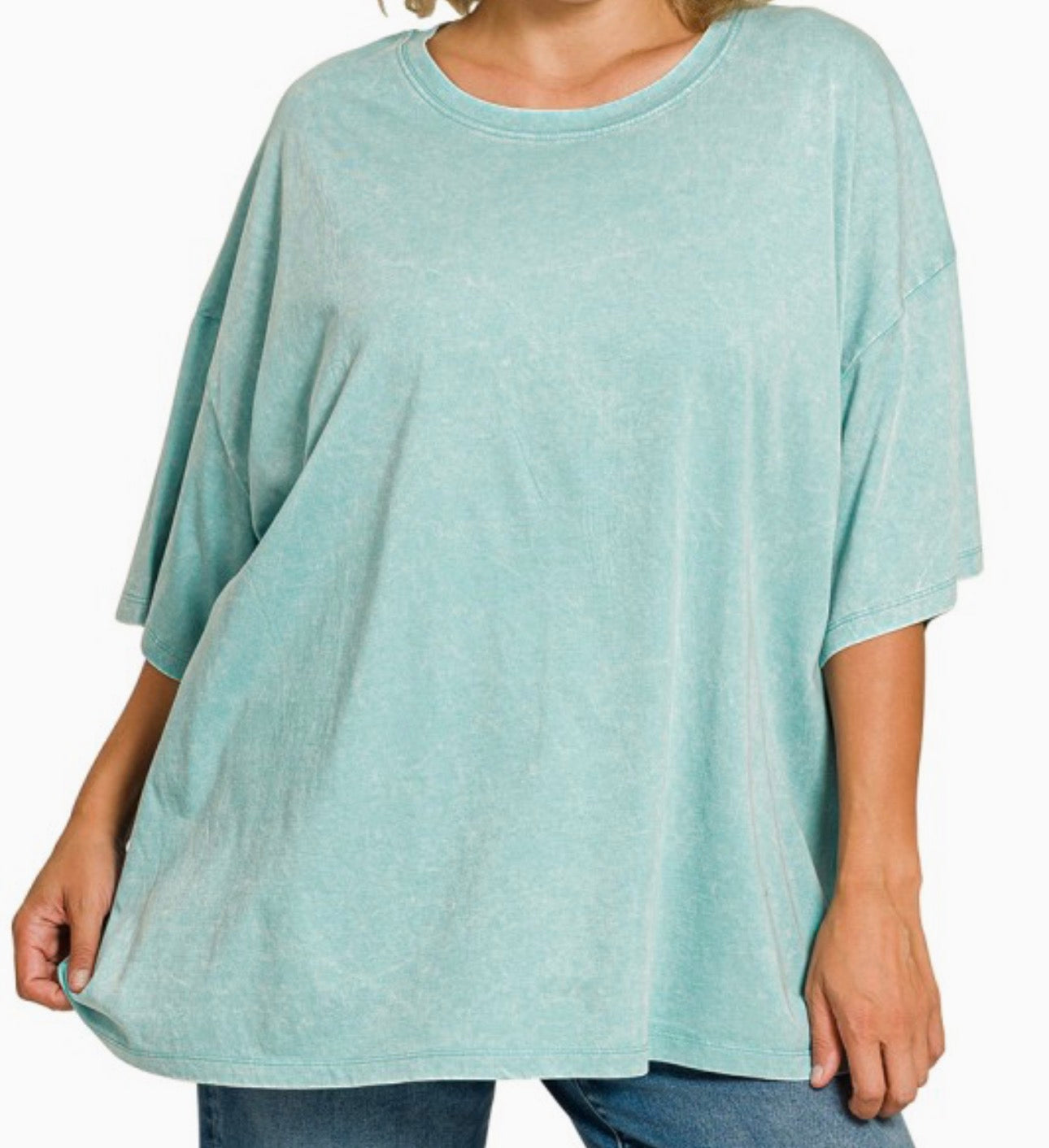Dusty Teal Plus Acid Wash Boyfriend Tee