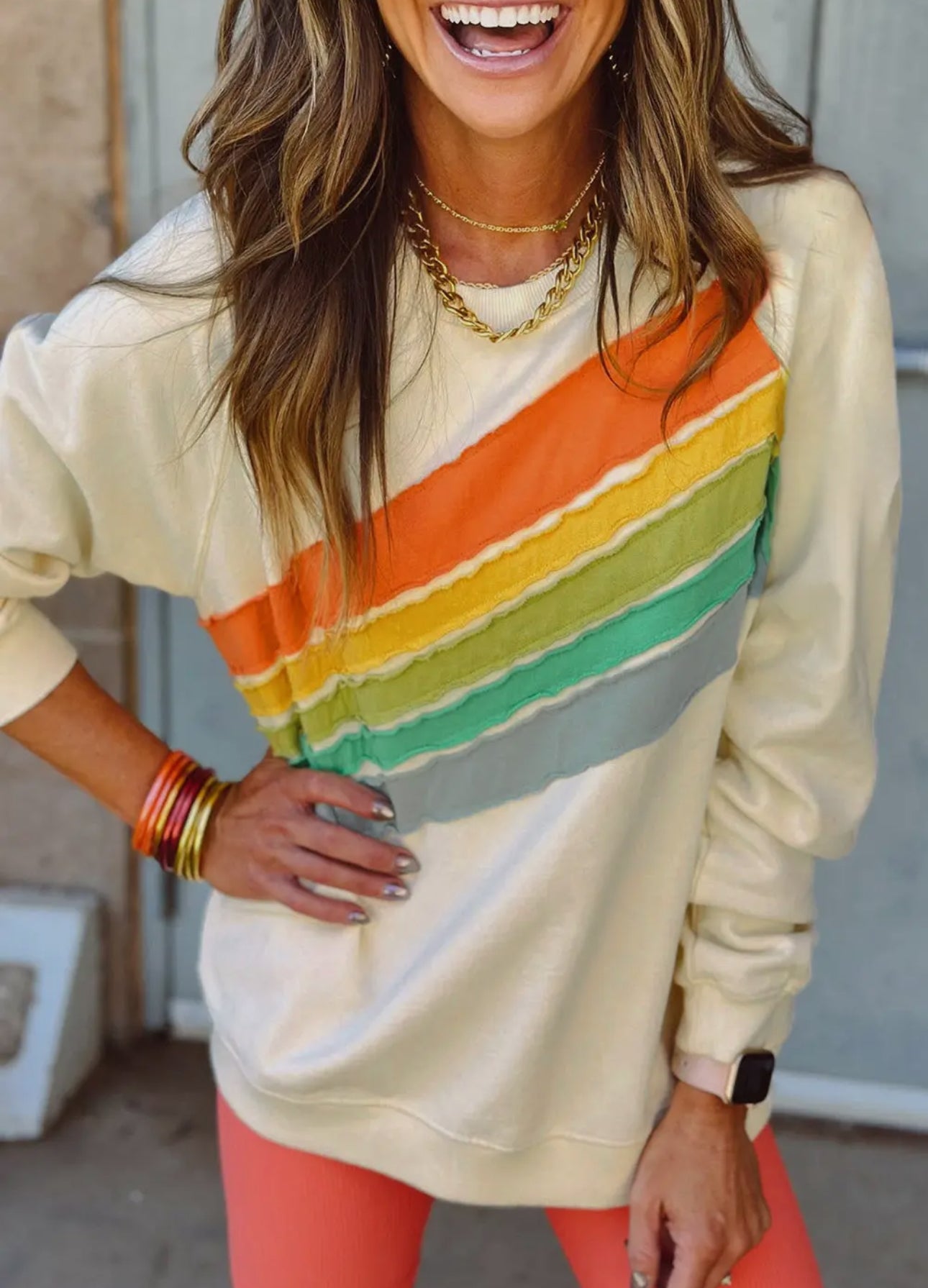 Rainbow Color Block Stripe Reverse Seam Sweatshirt