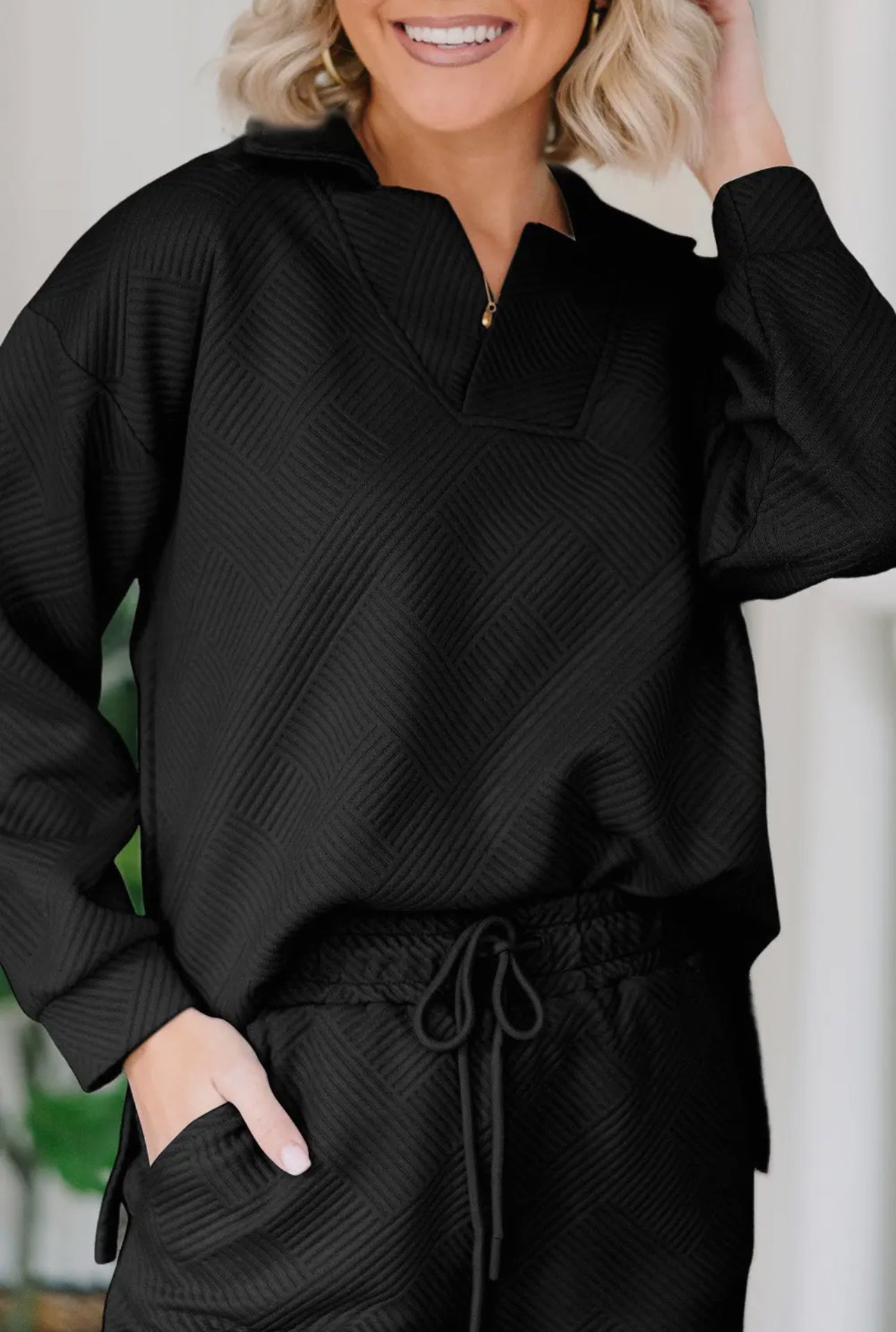 Black Textured Collared Top and Pants Set