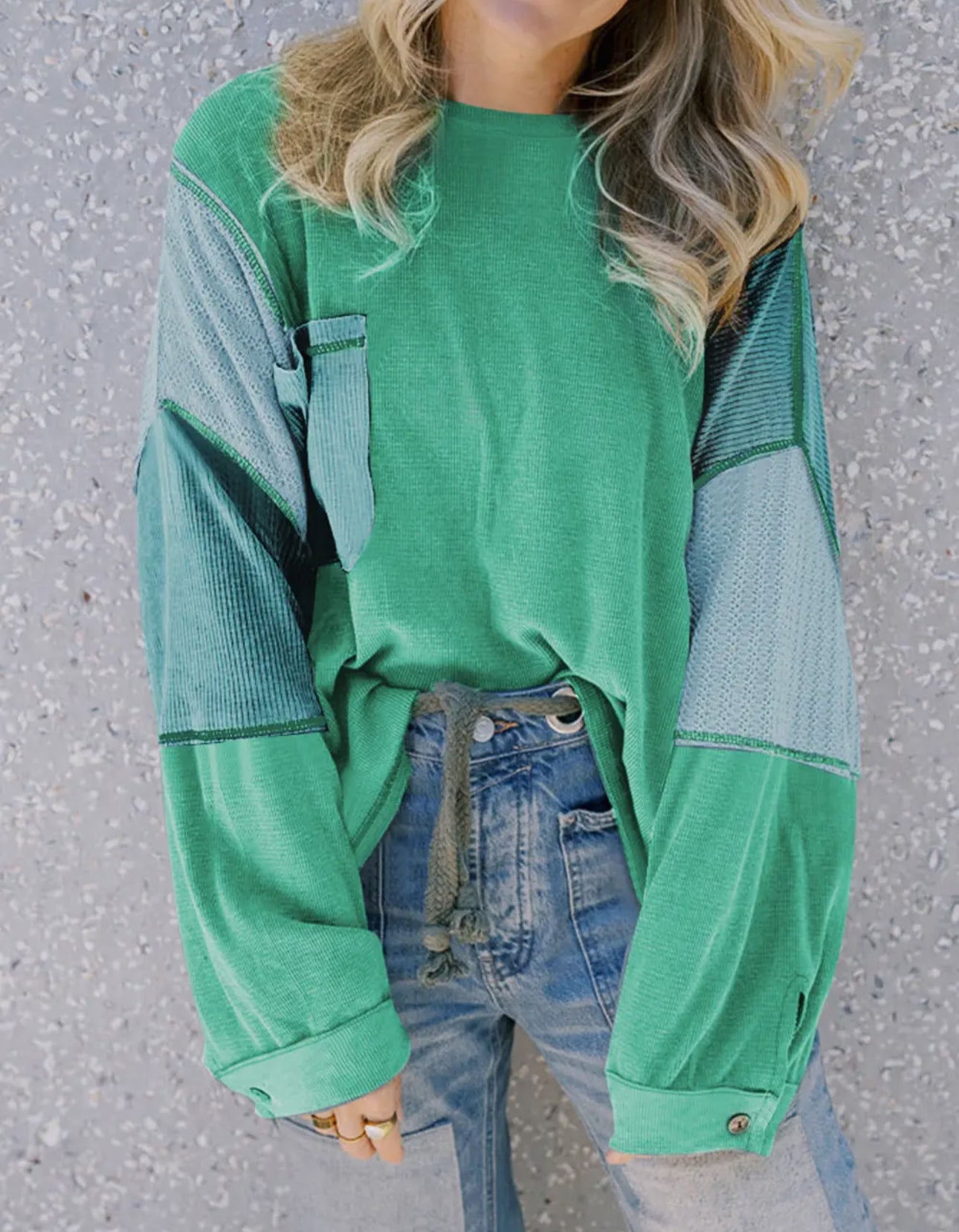 Green Colorblock Textured Long Sleeve Top