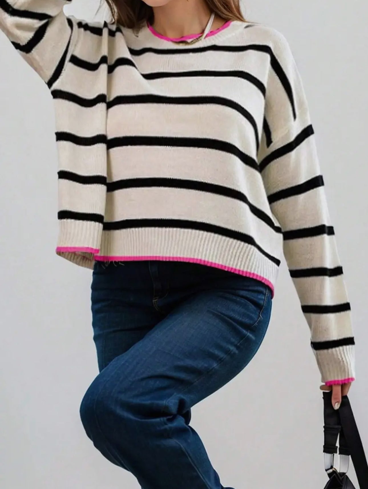 Black, White + Pink Stripe Contrast Crewneck Sweater