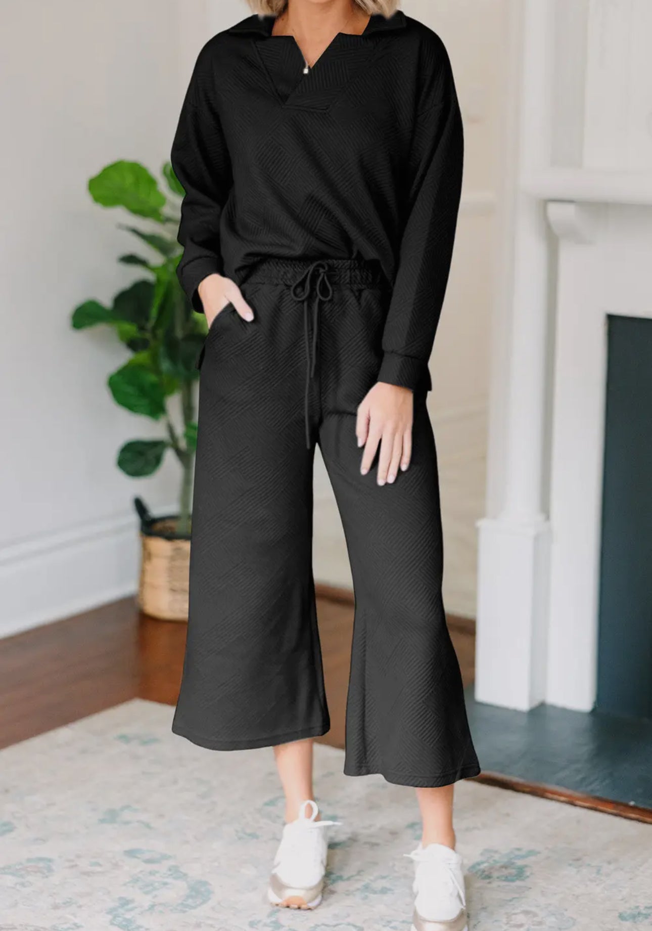Black Textured Collared Top and Pants Set