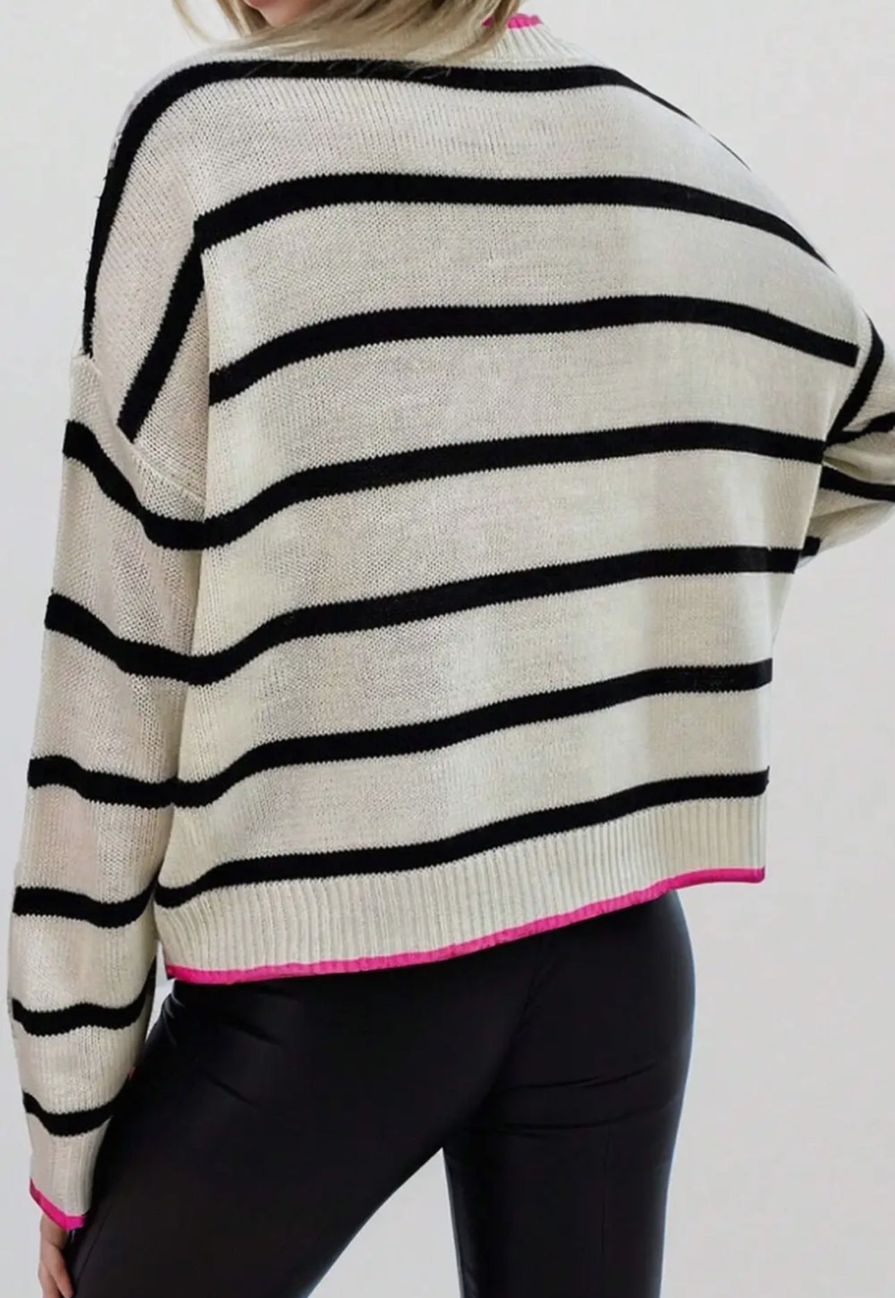 Black, White + Pink Stripe Contrast Crewneck Sweater