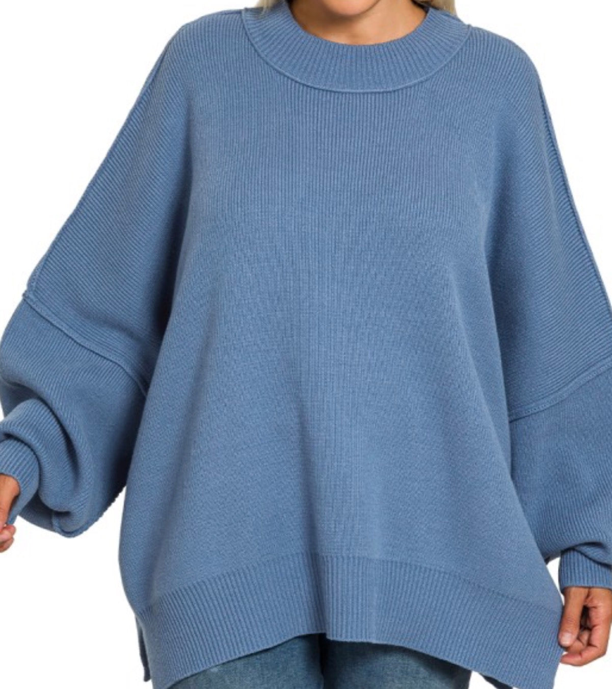 Zenana Dusty Blue Side Slit Oversized Sweater