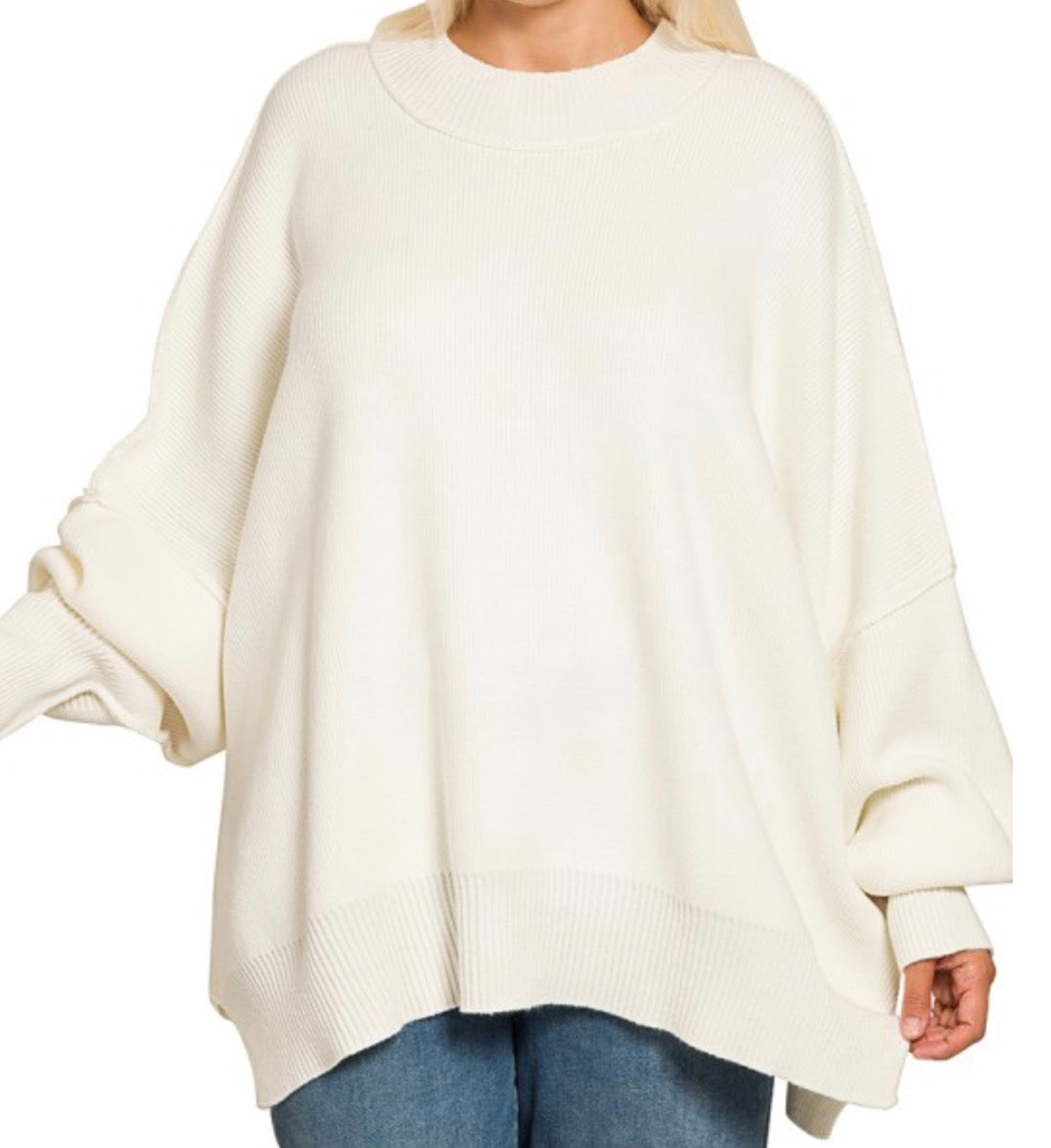 Zenana Ivory Side Slit Oversized Sweater