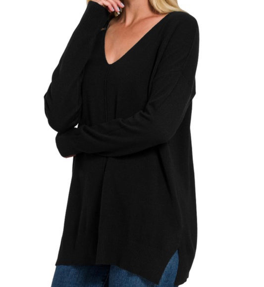 Zenana Black Front Seam Sweater