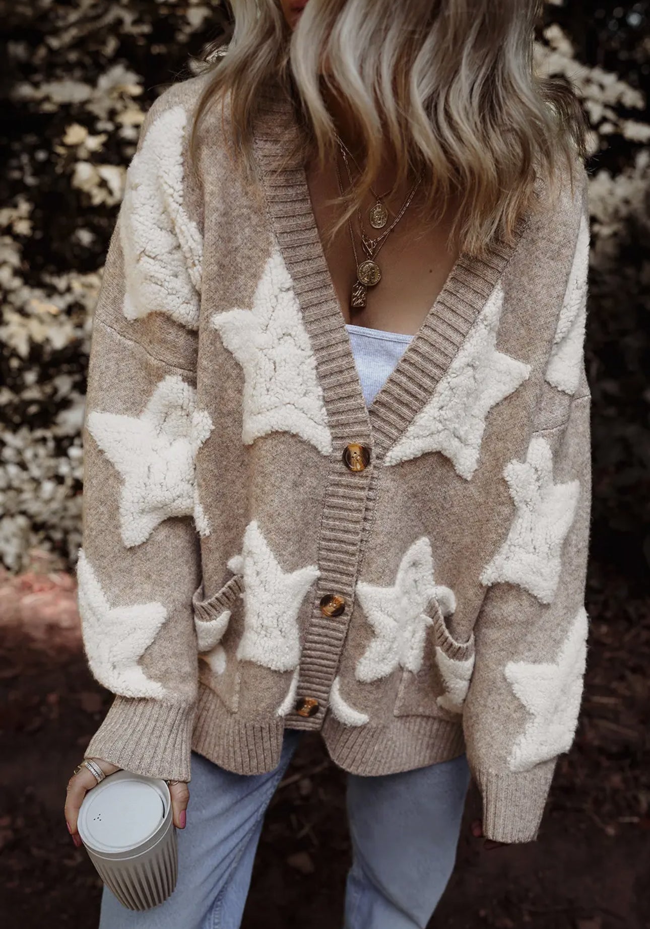 Khaki Star Sherpa Sweater Cardigan