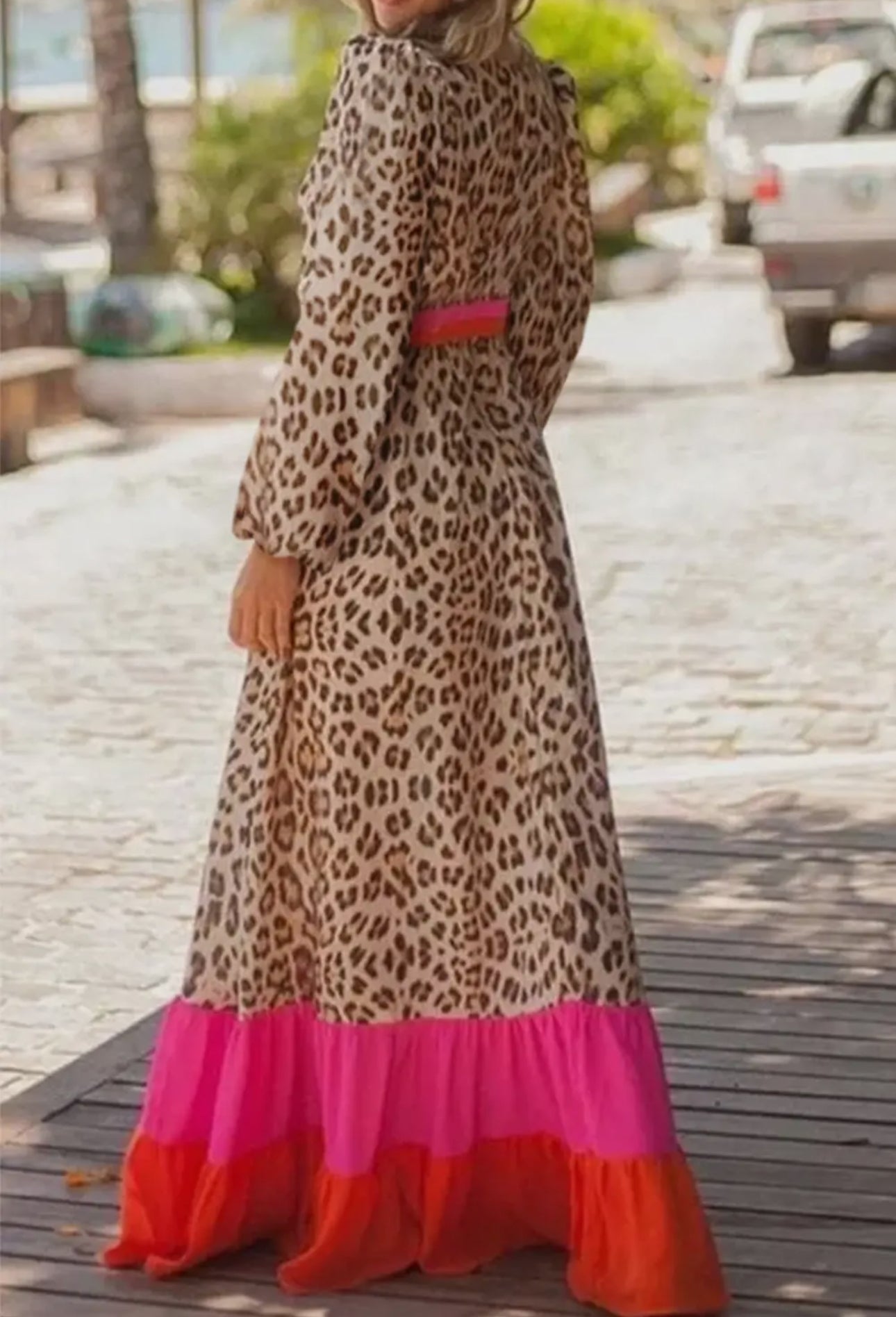 Leopard Colorblock Long Sleeve Maxi Dress