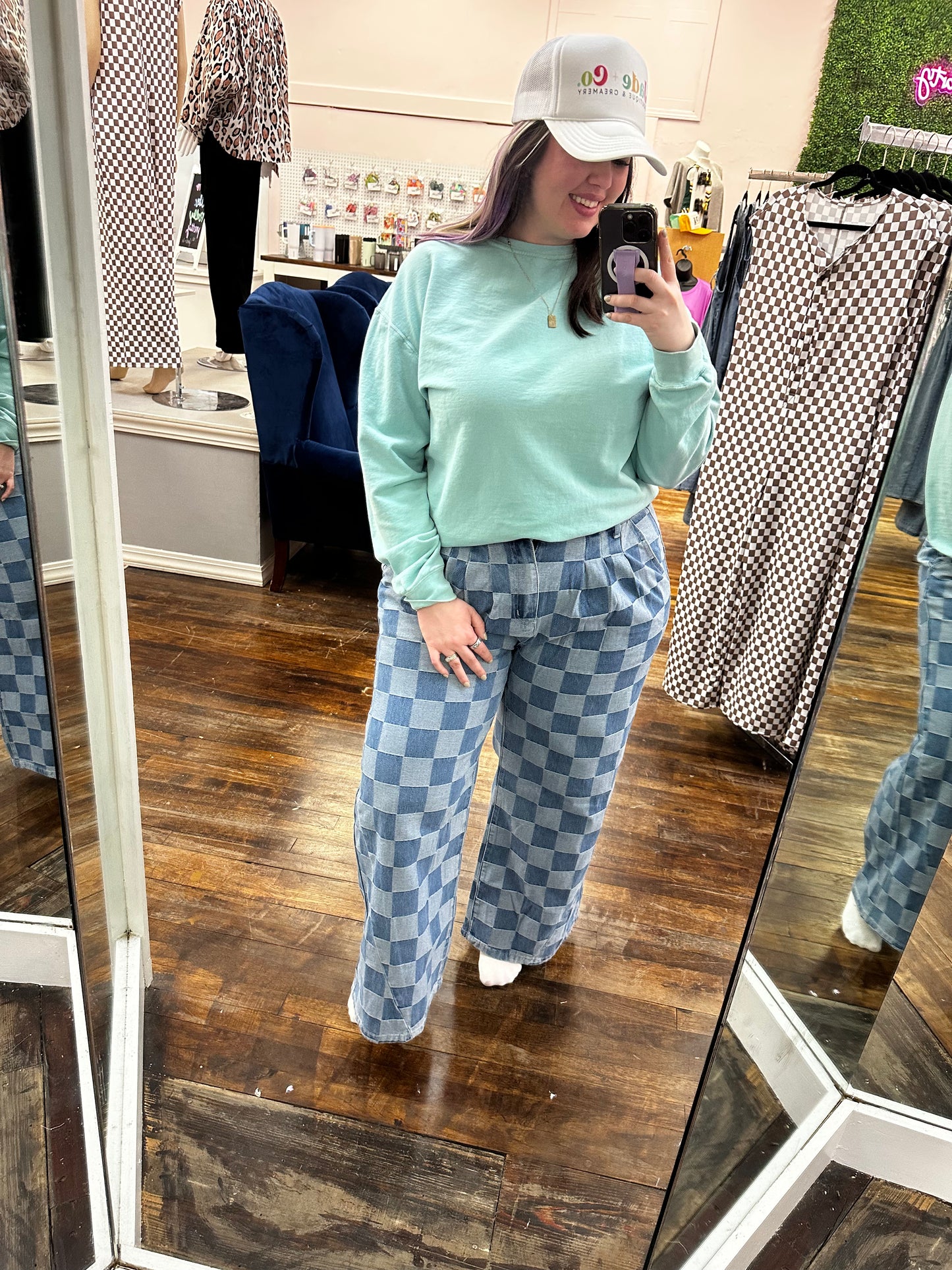 Plus Size Checker Wide Leg Jeans