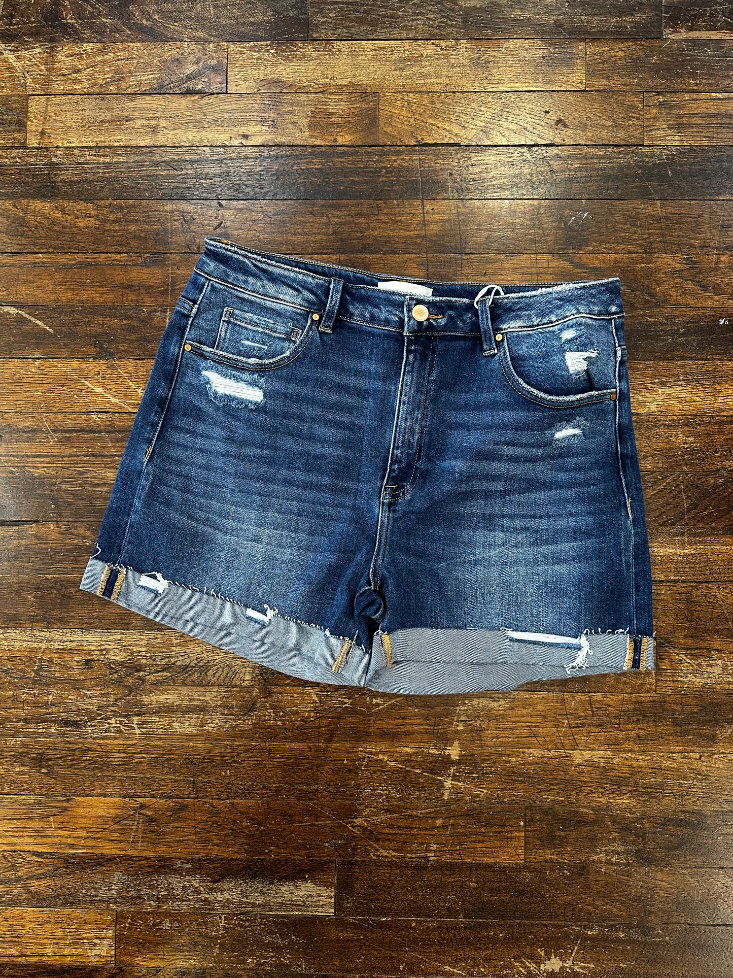 Risen Dark Wash Cuffed + Distressed Denim Shorts