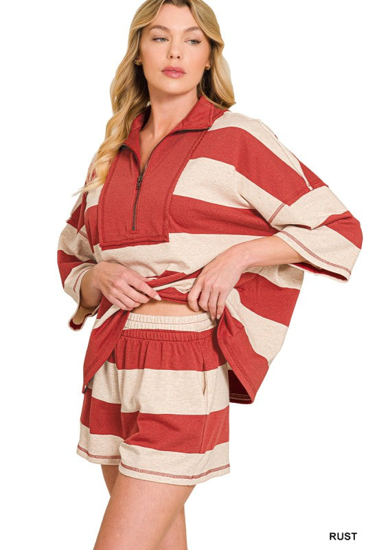 Rust Terry Striped Half Zip Set