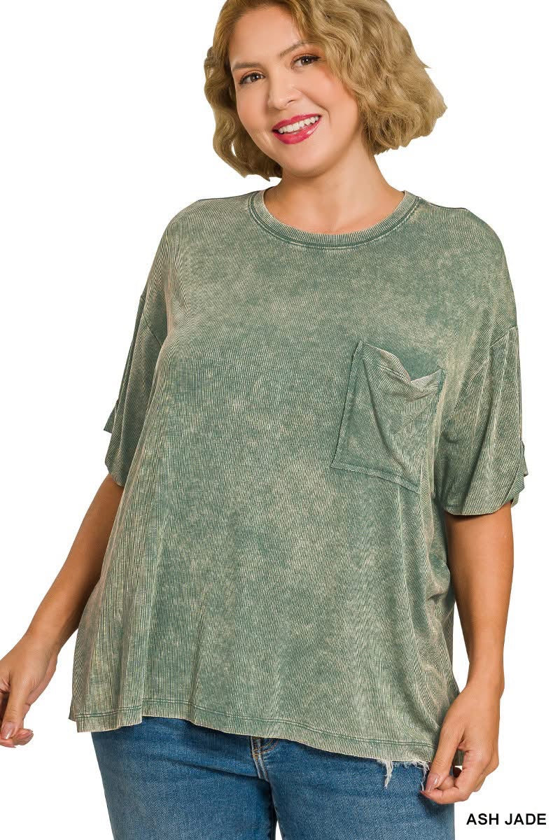 Ash Jade Washed Ribbed Cuffed Short Sleeve