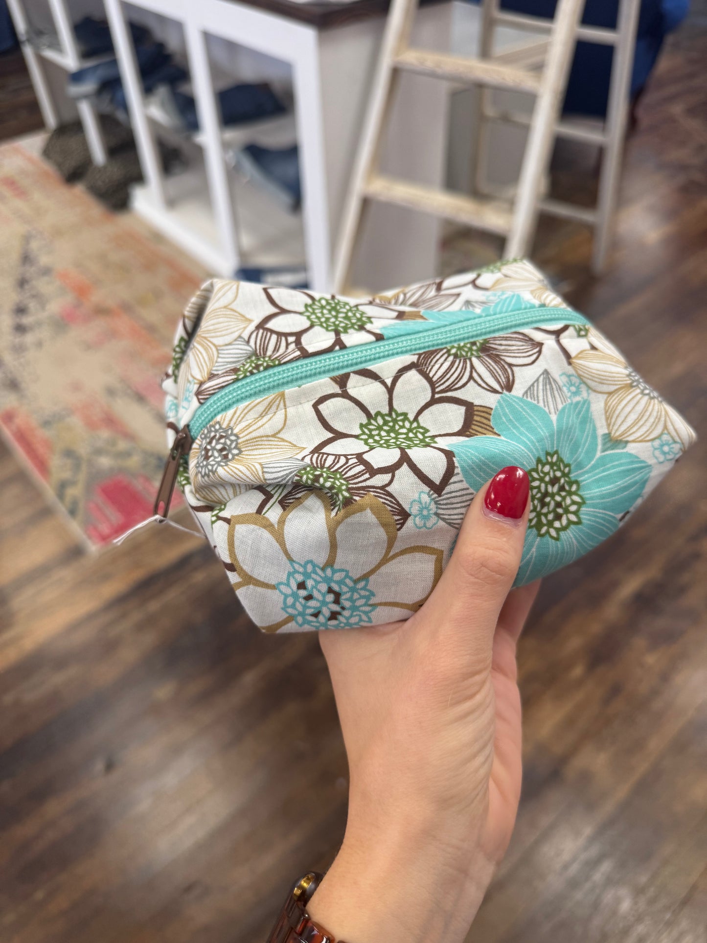 TCB Teal Flower Cosmetic Bag