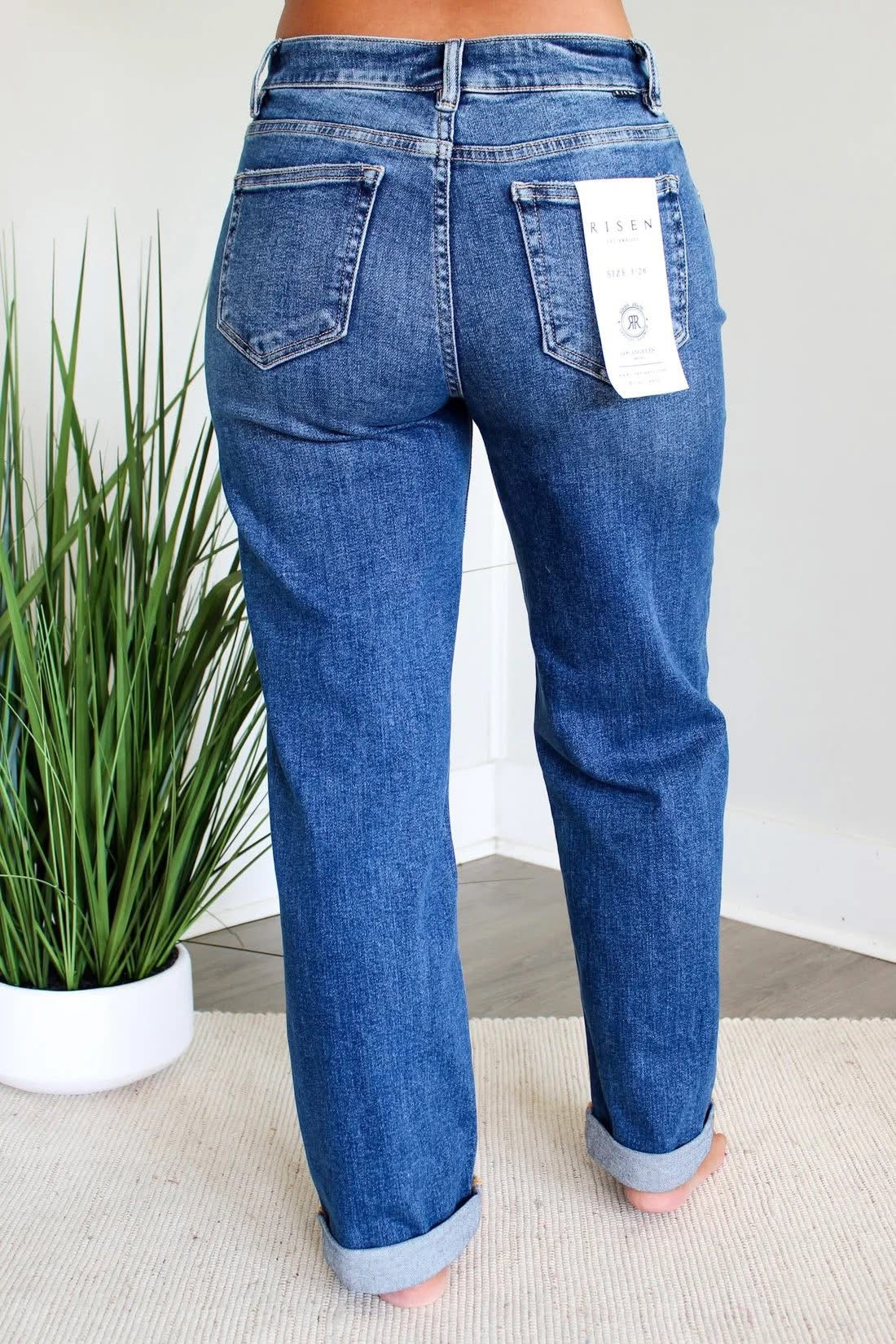 RISEN HIGH RISE RELAXED FIT ANKLE STRAIGHT JEANS WITH CUFF