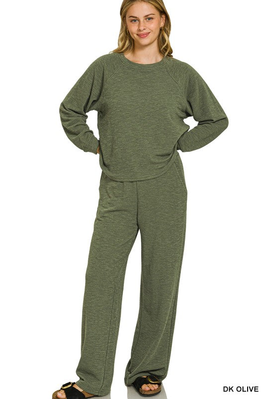 Zenana Olive Long Sleeve + Pants Set