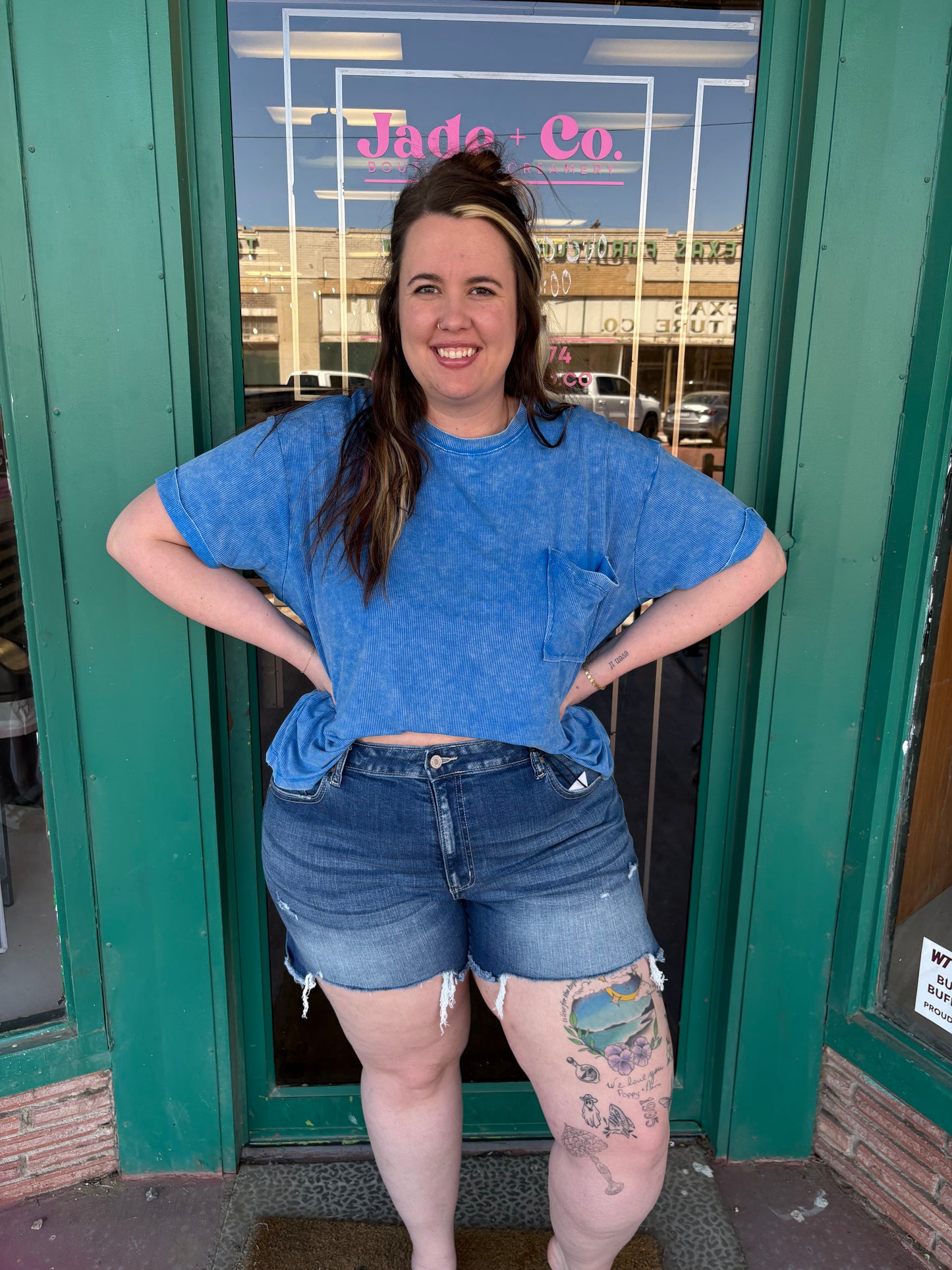 Ocean Blue Washed Ribbed Cuffed Short Sleeve Round Neck Top