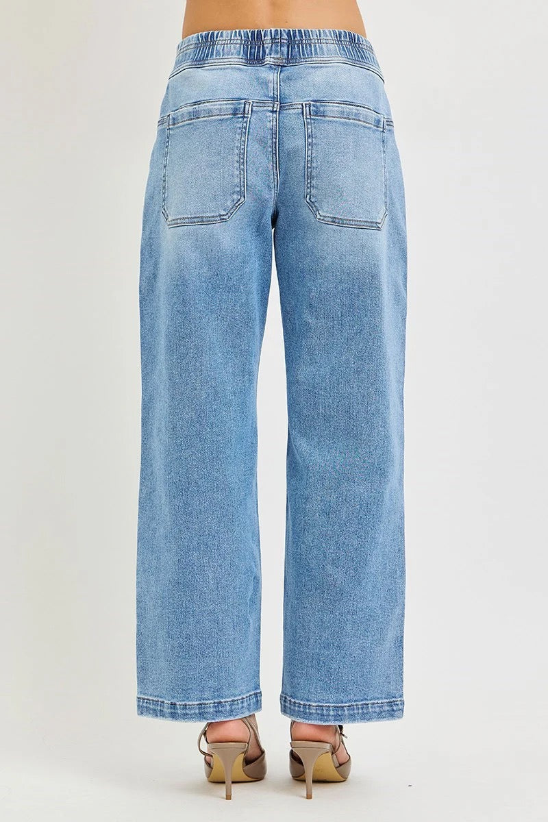 RISEN ELASTIC BAND SLOUCHY CROPPED BAGGY JEANS WITH PATCH POCKETS