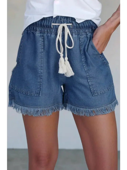 Raw Hem Drawstring Denim Shorts