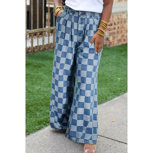 Plus Size Checker Wide Leg Jeans