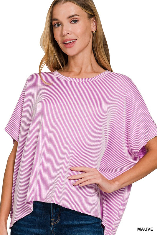 Mauve Ribbed Oversized Short Sleeve Top