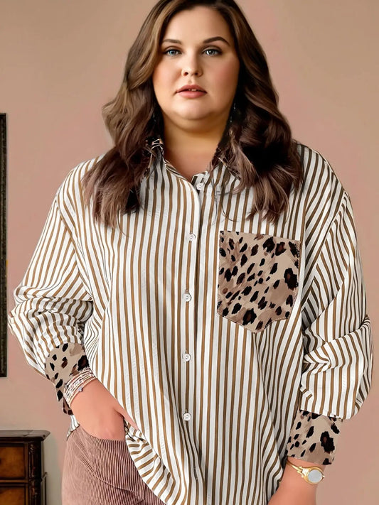 PRE-ORDER ETA DEC 17: Plus Size Stripe Leopard Chest Pocket Collared Shirt