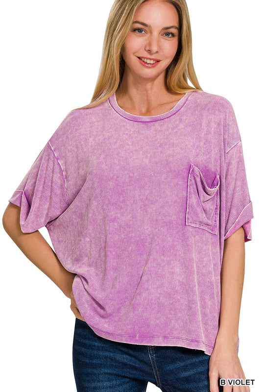Violet Washed Ribbed Cuffed Short Sleeve Round Neck Top
