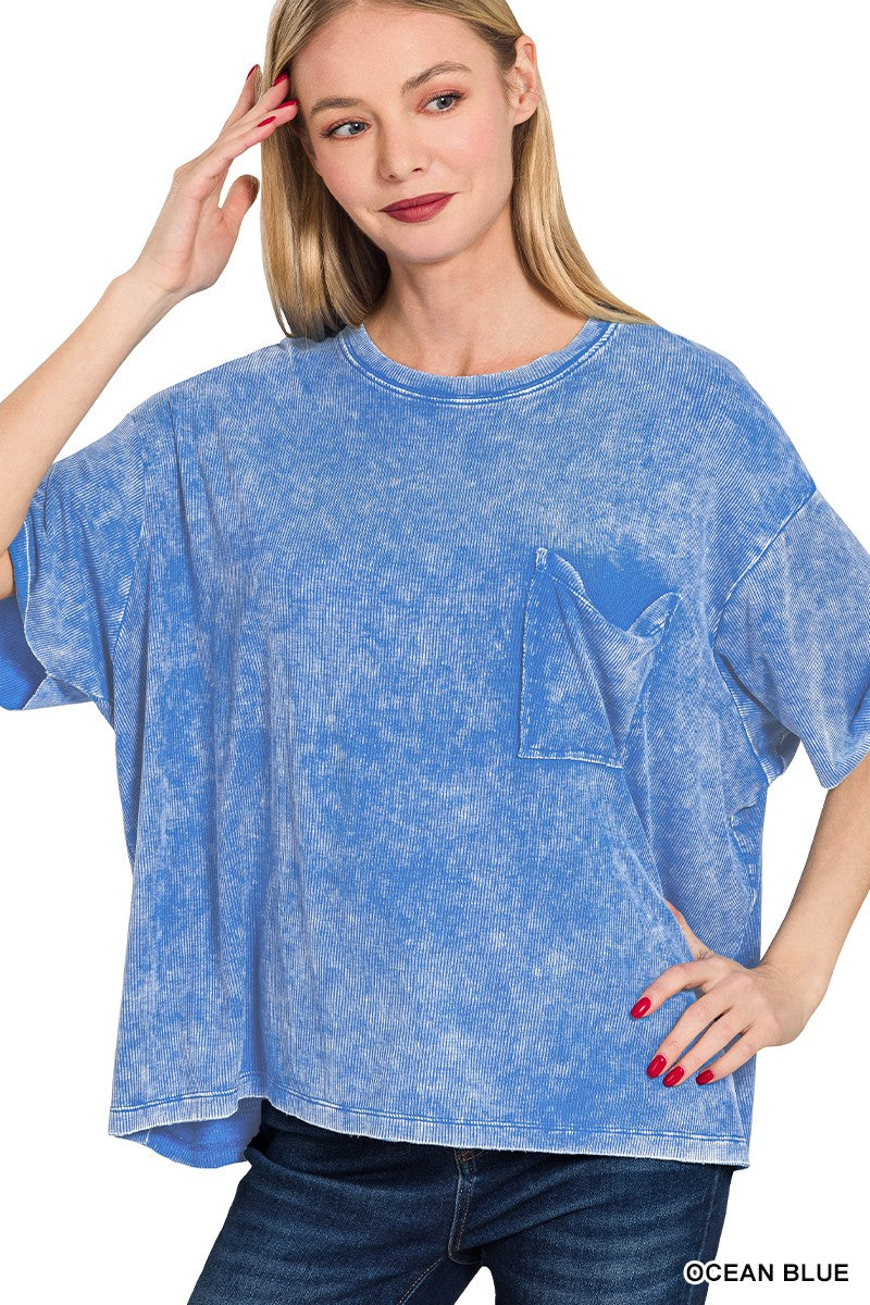 Ocean Blue Washed Ribbed Cuffed Short Sleeve Round Neck Top