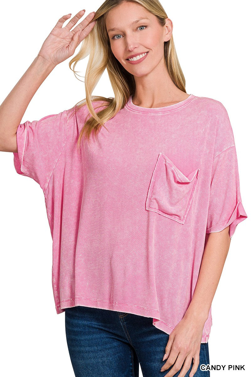 Candy Pink Washed Ribbed Cuffed Short Sleeve Round Neck Top