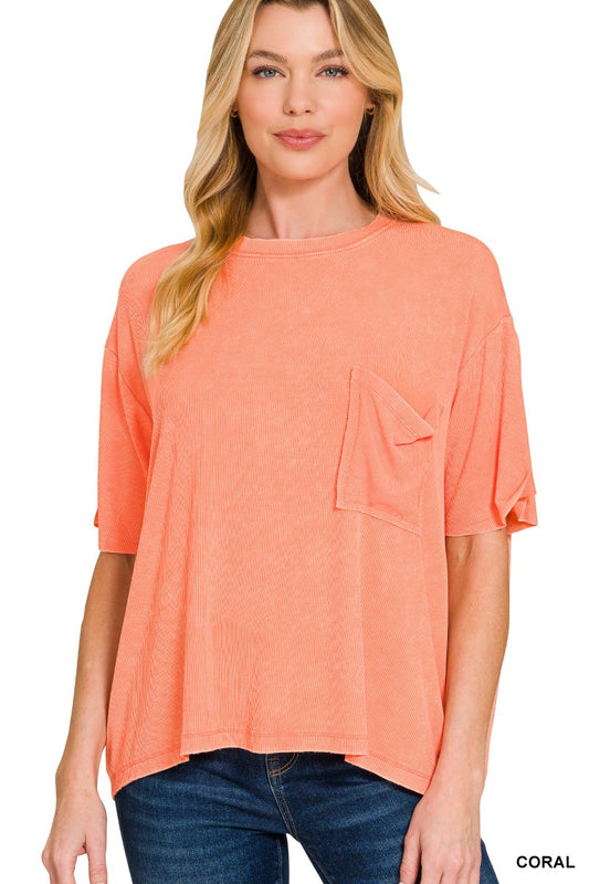 Coral Washed Ribbed Cuffed Short Sleeve Round Neck Top