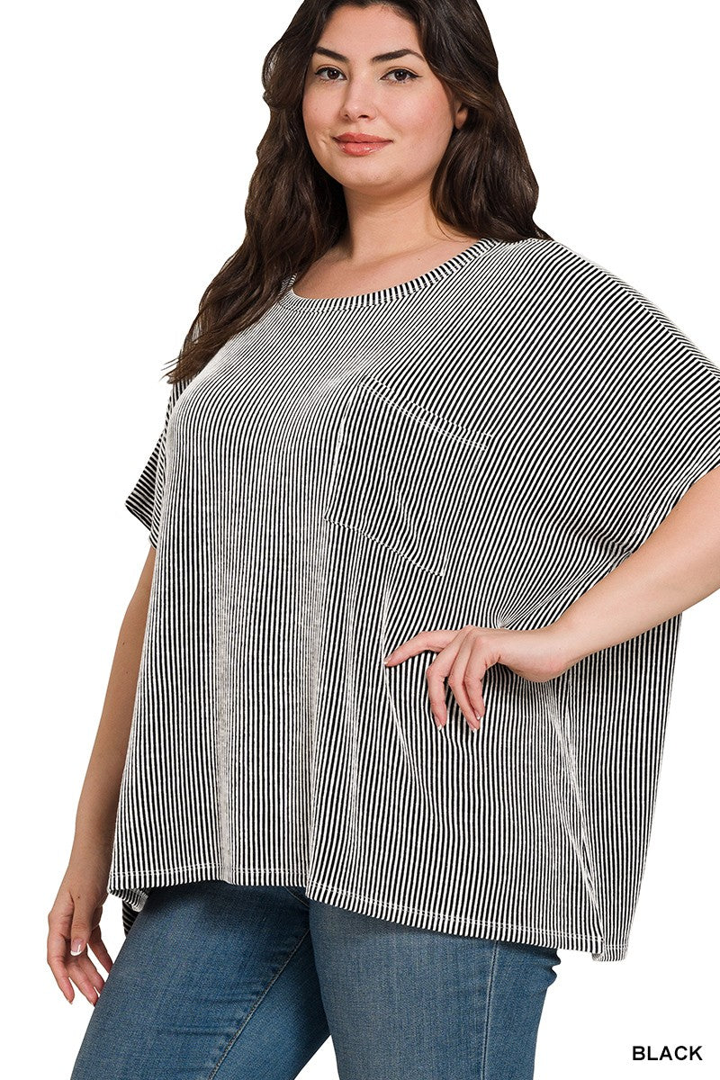 Black Plus Size Ribbed Oversized Pocket Tee