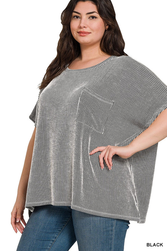 Black Plus Size Ribbed Oversized Pocket Tee