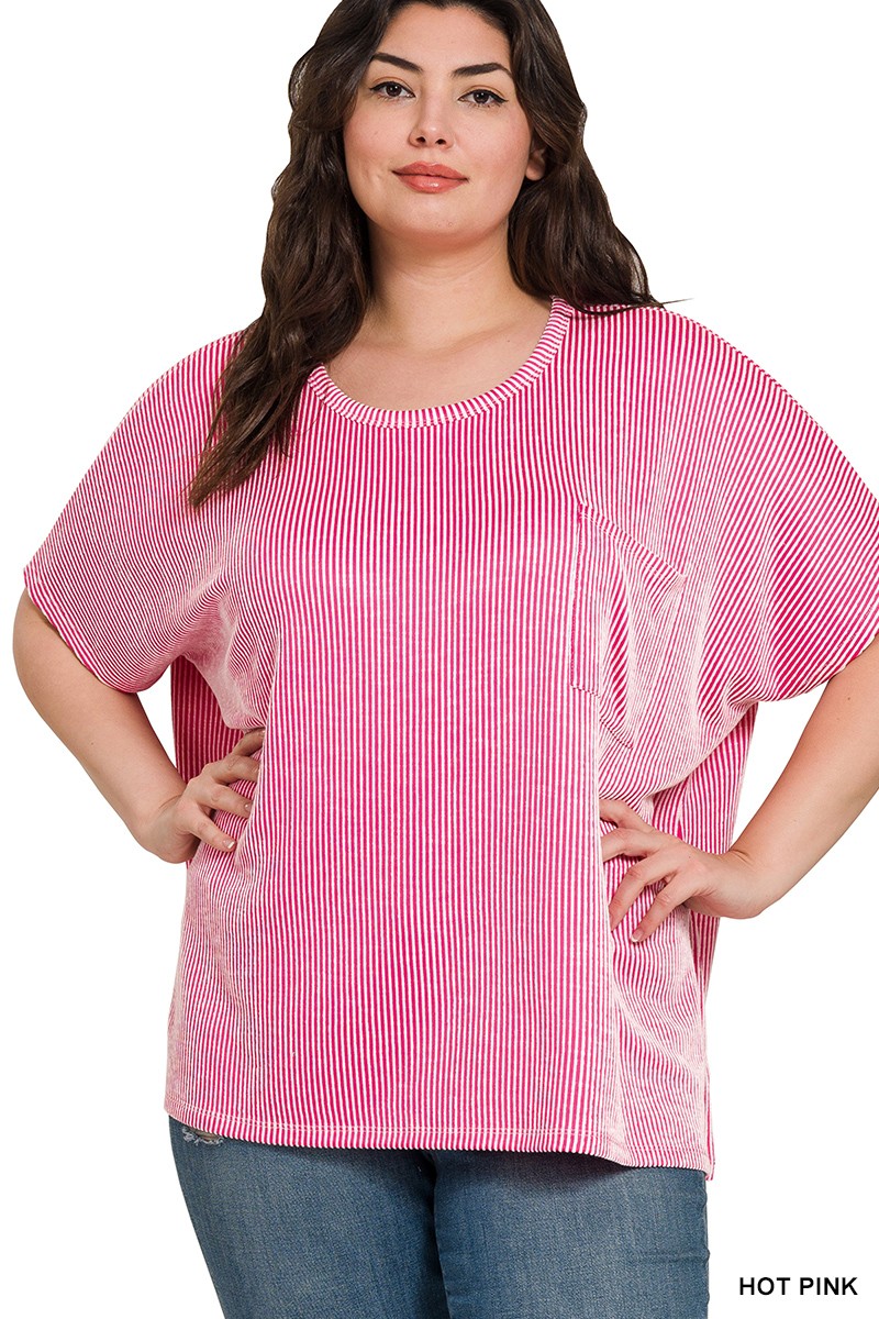 Hot Pink Plus Size Ribbed Oversized Pocket Tee