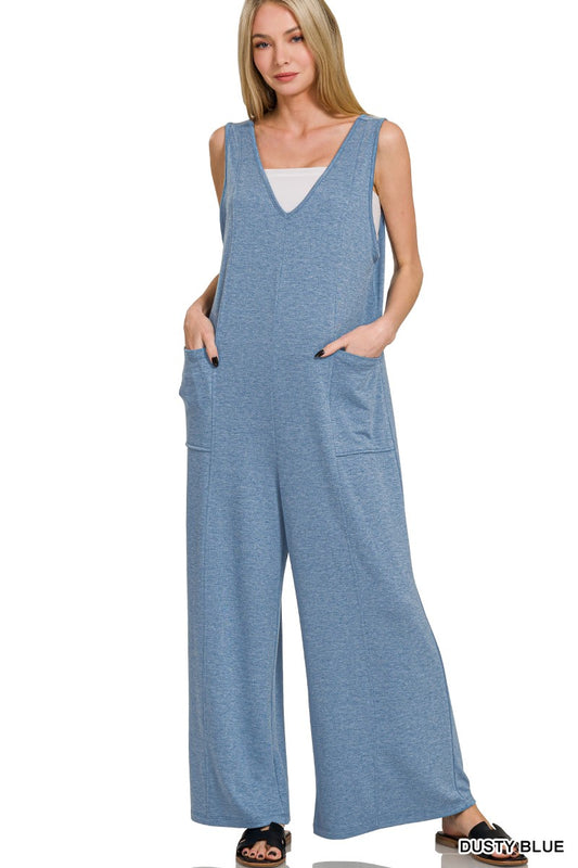 Dusty Teal French Terry V-Neck Jumpsuit