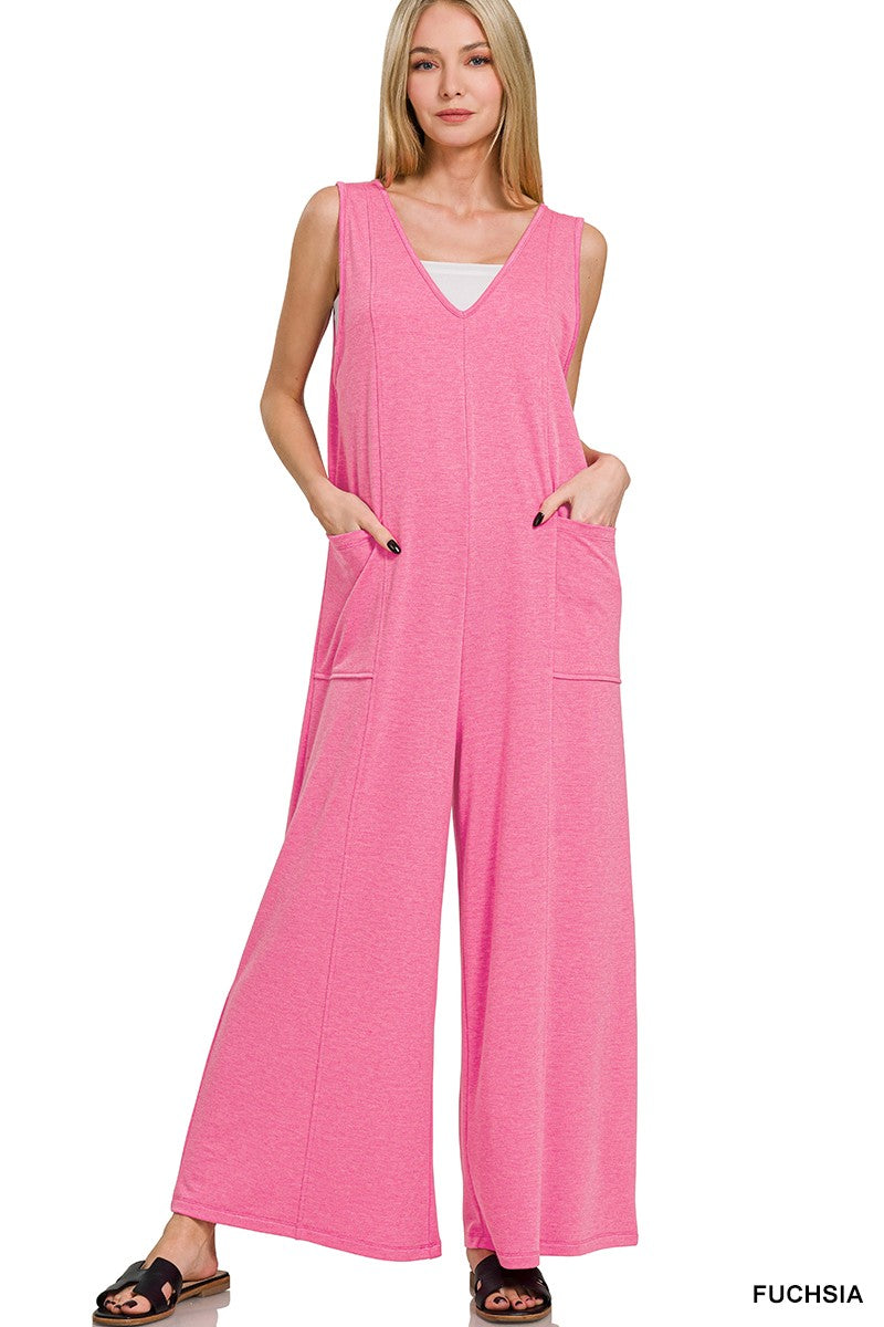 Fuchsia French Terry V-Neck Jumpsuit