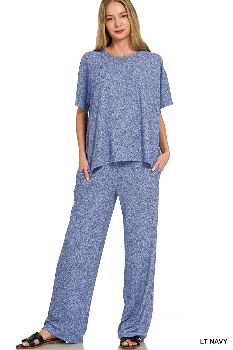 Navy Soft Melange Short Sleeve Tee & Long Pants Set