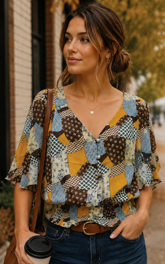Woven Chiffon Patchwork Print Blouse